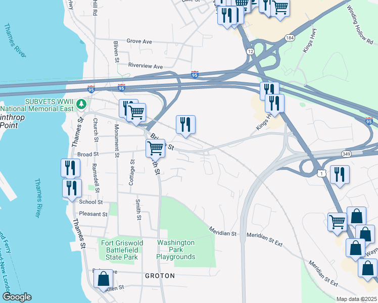 map of restaurants, bars, coffee shops, grocery stores, and more near Bridge Street & Broad Saint Ext in Groton