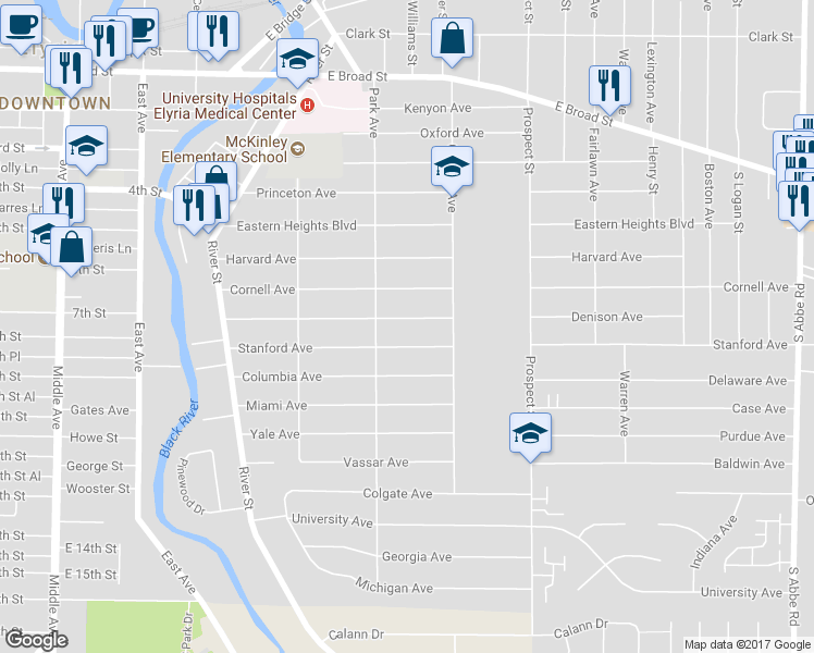 map of restaurants, bars, coffee shops, grocery stores, and more near 323 Denison Avenue in Elyria