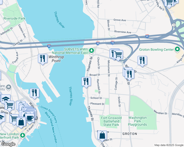 map of restaurants, bars, coffee shops, grocery stores, and more near 22 Broad Street in Groton