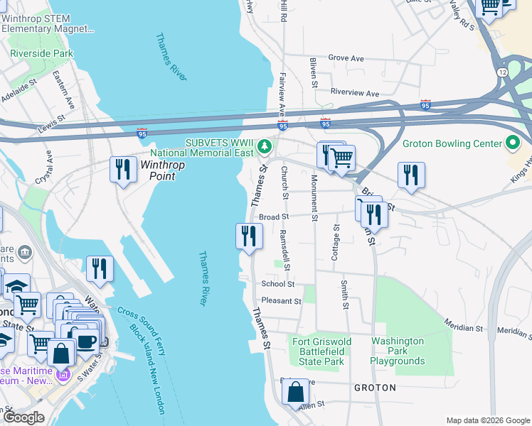 map of restaurants, bars, coffee shops, grocery stores, and more near 118 Thames Street in Groton
