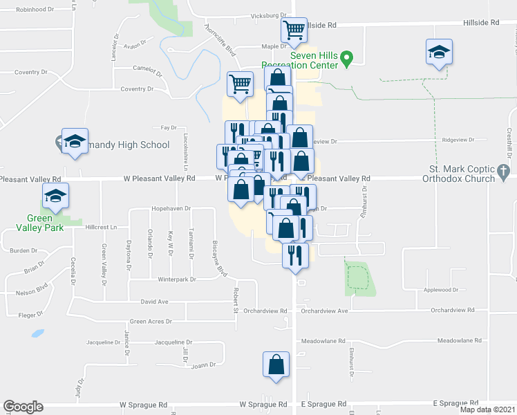 map of restaurants, bars, coffee shops, grocery stores, and more near 1127 West Pleasant Valley Road in Parma