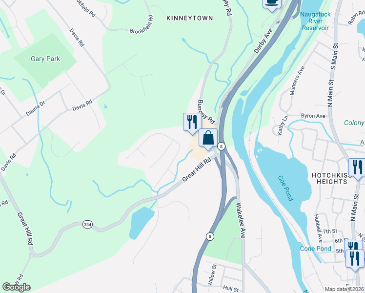 map of restaurants, bars, coffee shops, grocery stores, and more near 36 Brookdale Road in Seymour
