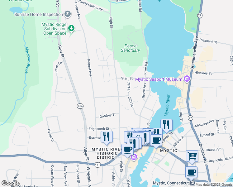 map of restaurants, bars, coffee shops, grocery stores, and more near 329 High Street in Groton