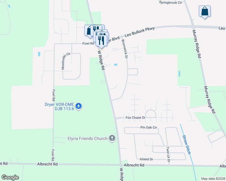 map of restaurants, bars, coffee shops, grocery stores, and more near 120 Brunswick Drive in Elyria