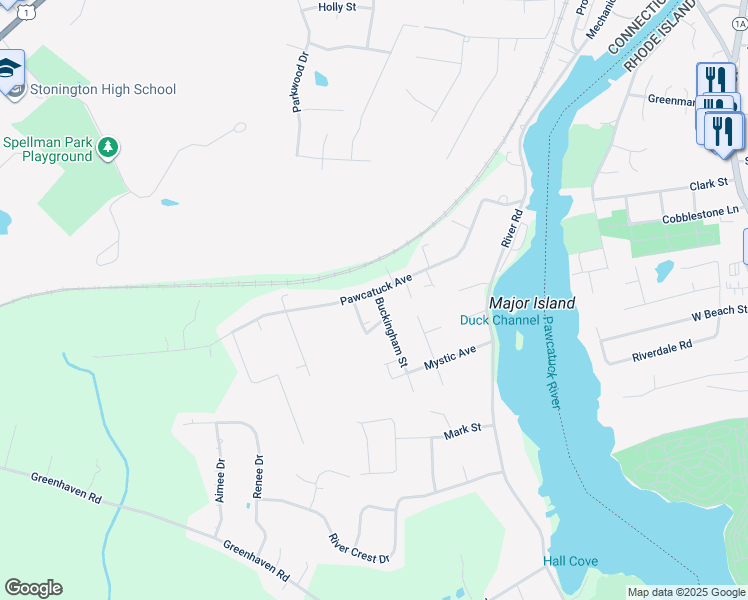 map of restaurants, bars, coffee shops, grocery stores, and more near 14 Cleveland Street in Stonington