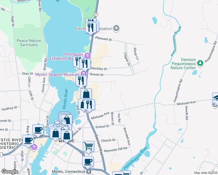 map of restaurants, bars, coffee shops, grocery stores, and more near 23 Mystic Hill Road in Stonington