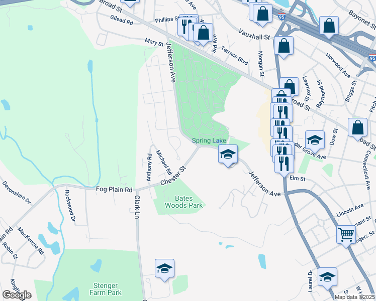 map of restaurants, bars, coffee shops, grocery stores, and more near 19 Chester Street in New London