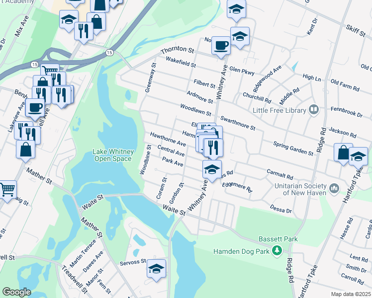 map of restaurants, bars, coffee shops, grocery stores, and more near 58 Central Avenue in Hamden