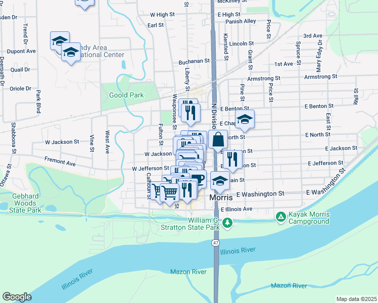 map of restaurants, bars, coffee shops, grocery stores, and more near 407 Liberty Street in Morris