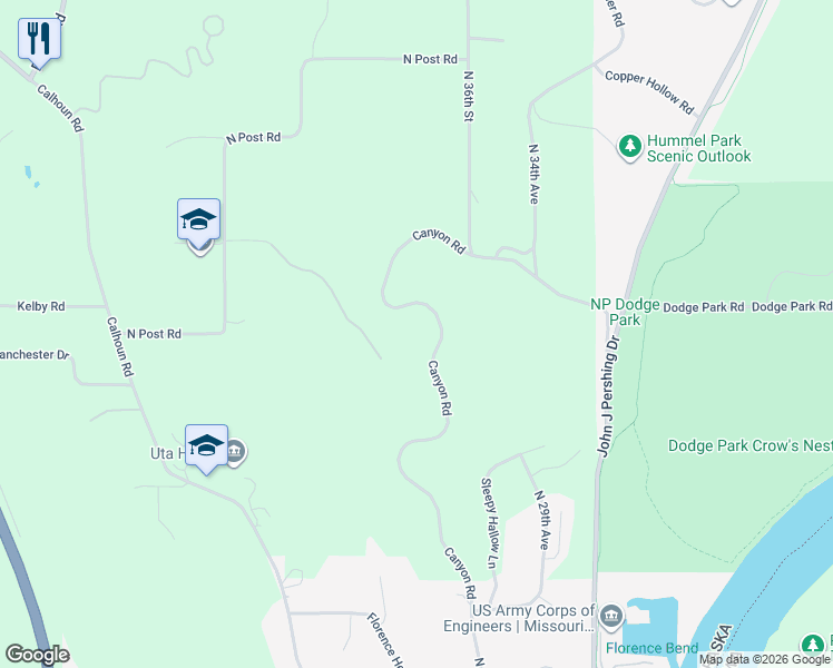 map of restaurants, bars, coffee shops, grocery stores, and more near 11112 Canyon Road in Omaha