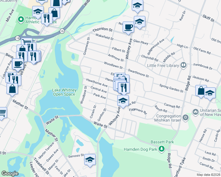map of restaurants, bars, coffee shops, grocery stores, and more near 44 Hawthorne Avenue in Hamden