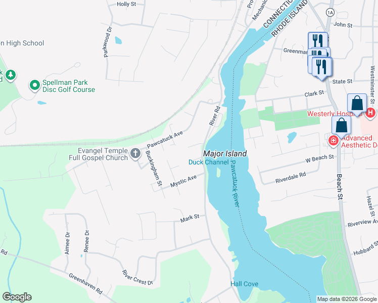 map of restaurants, bars, coffee shops, grocery stores, and more near 9 Huntington Street in Stonington