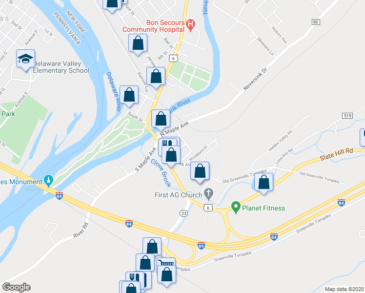 map of restaurants, bars, coffee shops, grocery stores, and more near 21 Bennett Street in Port Jervis