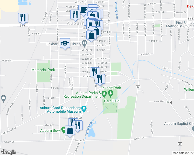 map of restaurants, bars, coffee shops, grocery stores, and more near 1304 Main Street in Auburn