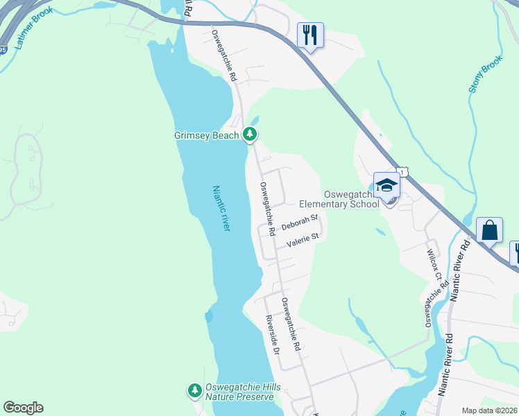 map of restaurants, bars, coffee shops, grocery stores, and more near 67 Oswegatchie Road in Waterford