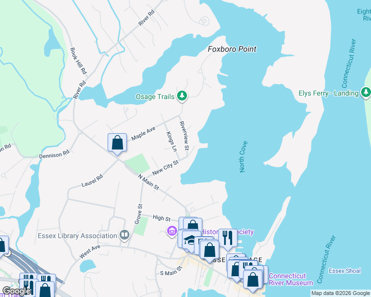 map of restaurants, bars, coffee shops, grocery stores, and more near 8 Riverview Street in Essex