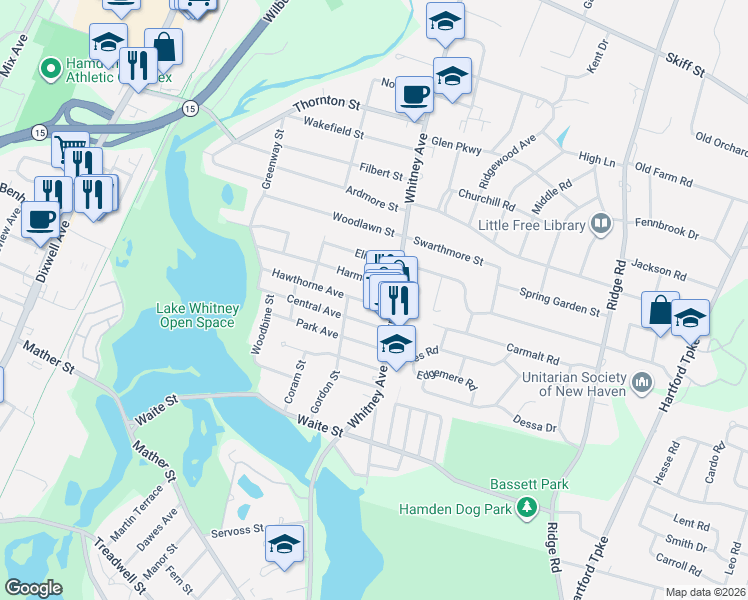 map of restaurants, bars, coffee shops, grocery stores, and more near 21 Hawthorne Avenue in Hamden