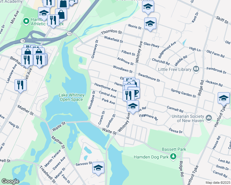 map of restaurants, bars, coffee shops, grocery stores, and more near 70 Harmon Street in Hamden