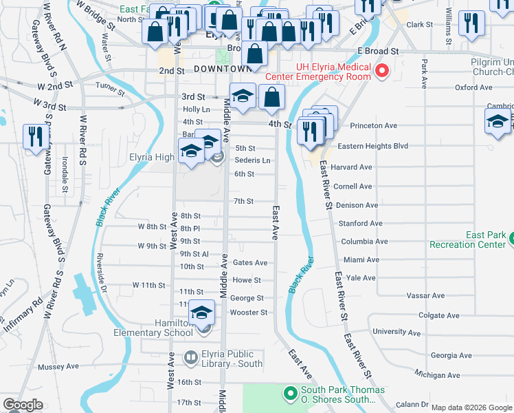 map of restaurants, bars, coffee shops, grocery stores, and more near 227 7th Street in Elyria