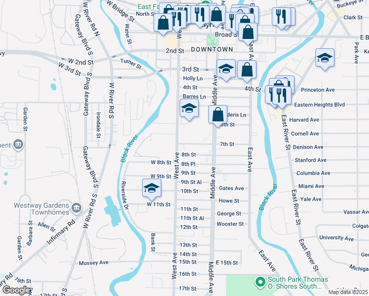 map of restaurants, bars, coffee shops, grocery stores, and more near 356 7th Street in Elyria