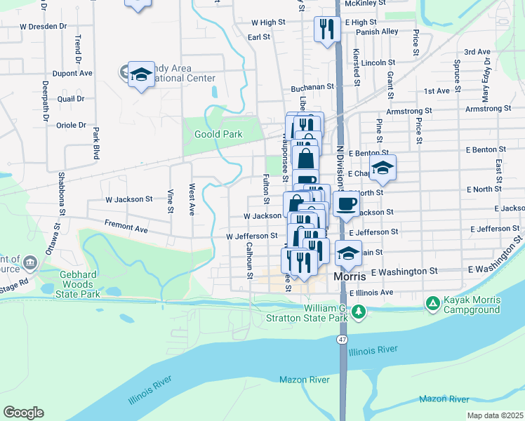 map of restaurants, bars, coffee shops, grocery stores, and more near 304 West North Street in Morris