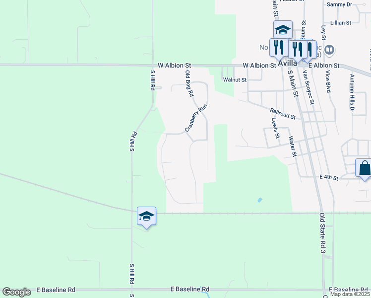 map of restaurants, bars, coffee shops, grocery stores, and more near 304 Aurora Drive in Avilla