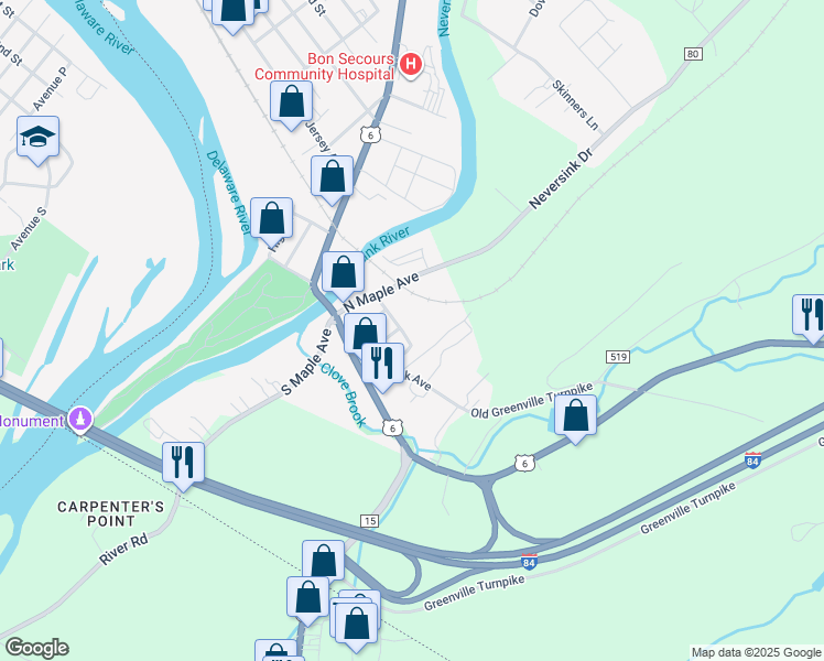 map of restaurants, bars, coffee shops, grocery stores, and more near 26 Patterson Street in Port Jervis