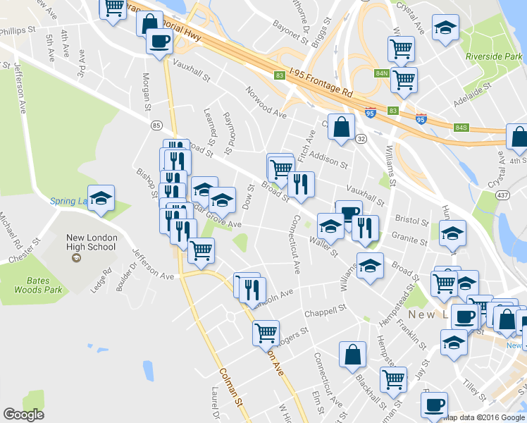 map of restaurants, bars, coffee shops, grocery stores, and more near 126 Ledyard Street in New London