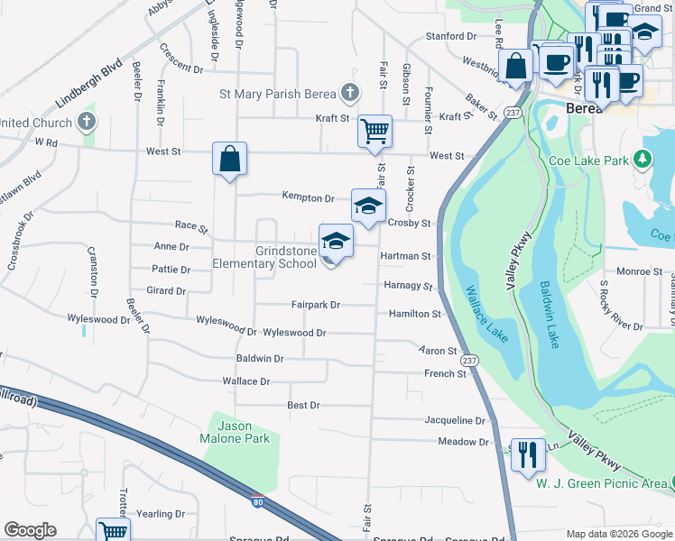 map of restaurants, bars, coffee shops, grocery stores, and more near 191 Race Street in Berea