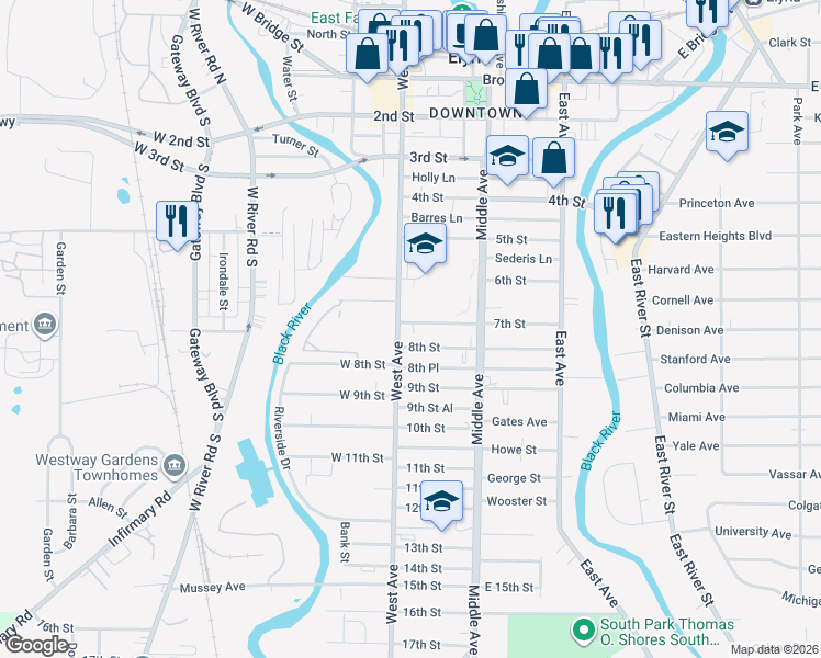 map of restaurants, bars, coffee shops, grocery stores, and more near 356 7th Street in Elyria