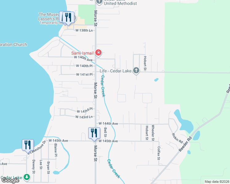 map of restaurants, bars, coffee shops, grocery stores, and more near 14202 Rocklin St in Cedar Lake