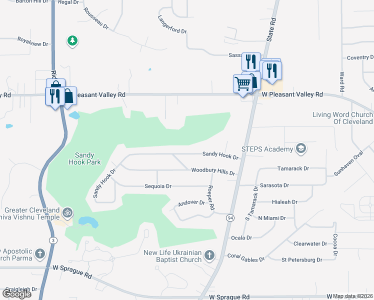 map of restaurants, bars, coffee shops, grocery stores, and more near 5300 Sandy Hook Drive in Parma