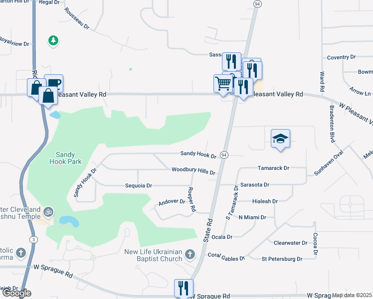 map of restaurants, bars, coffee shops, grocery stores, and more near 5100 Sandy Hook Drive in Parma