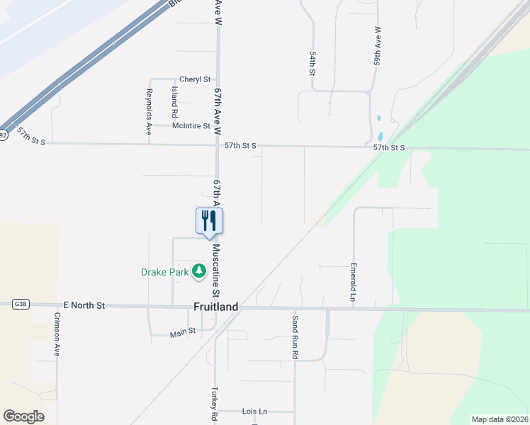 map of restaurants, bars, coffee shops, grocery stores, and more near 5804 65th Avenue West in Muscatine