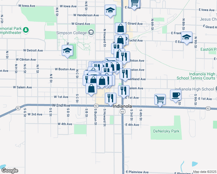 map of restaurants, bars, coffee shops, grocery stores, and more near 122 North Howard Street in Indianola