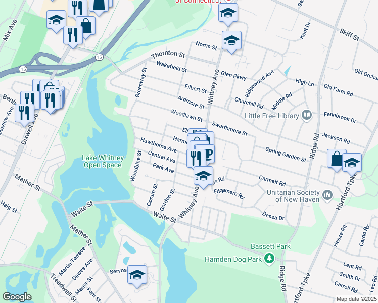 map of restaurants, bars, coffee shops, grocery stores, and more near 27 Harmon Street in Hamden