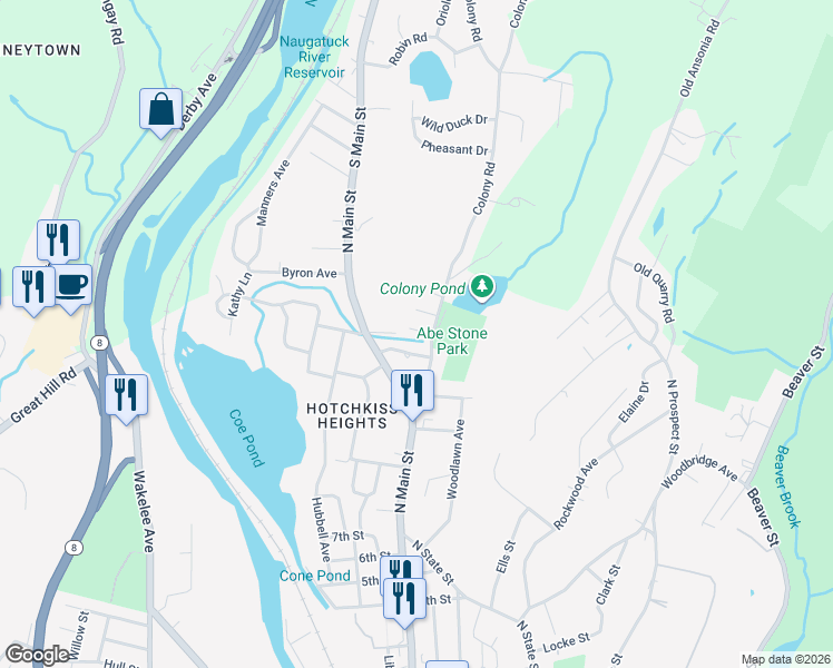 map of restaurants, bars, coffee shops, grocery stores, and more near 72 Colony Street Extension in Ansonia