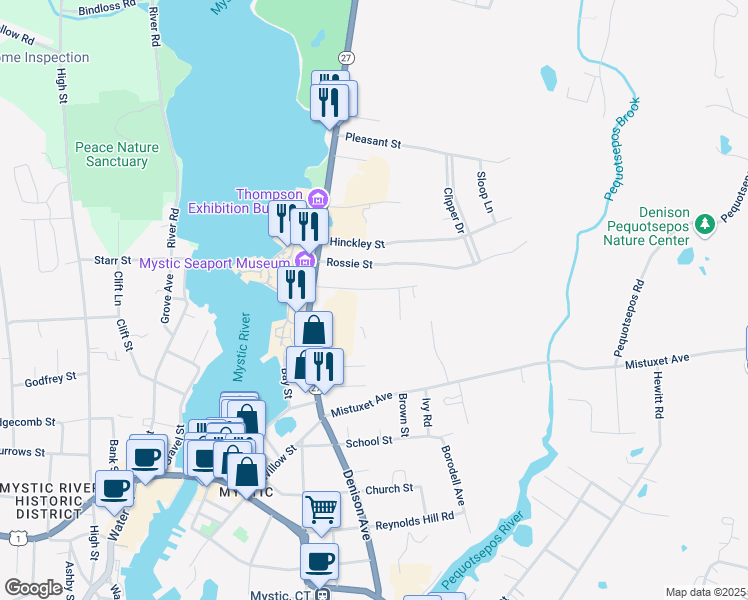 map of restaurants, bars, coffee shops, grocery stores, and more near 28 Bruggeman Place in Stonington