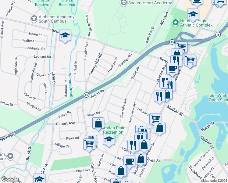 map of restaurants, bars, coffee shops, grocery stores, and more near 180 Battis Road in Hamden