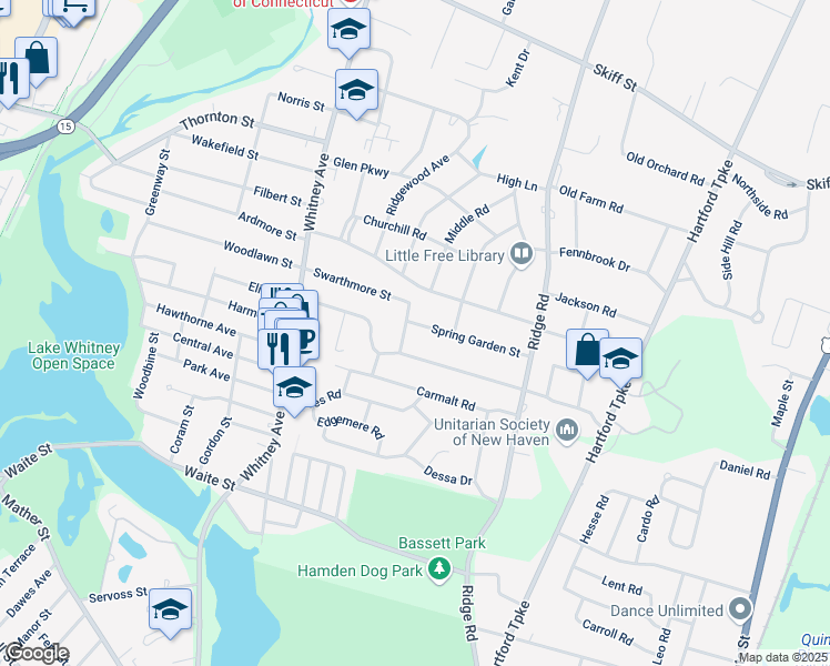 map of restaurants, bars, coffee shops, grocery stores, and more near 20 Spring Garden Street in Hamden
