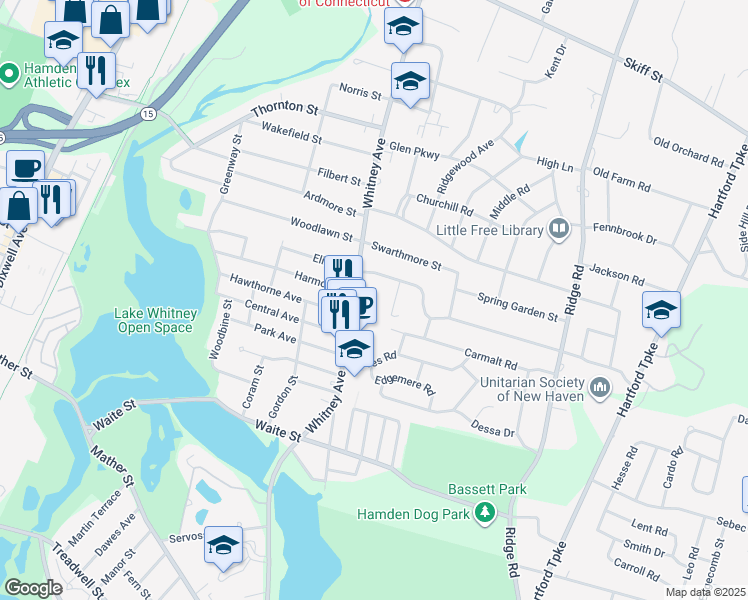 map of restaurants, bars, coffee shops, grocery stores, and more near 1699 Whitney Avenue in Hamden