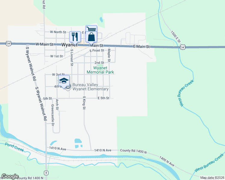 map of restaurants, bars, coffee shops, grocery stores, and more near 316 South Maple Street in Wyanet