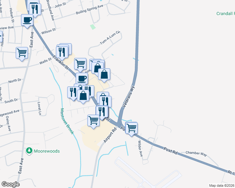 map of restaurants, bars, coffee shops, grocery stores, and more near 132 Franklin Street in Westerly