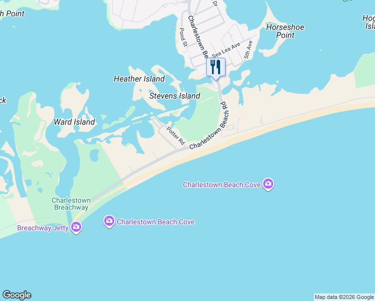 map of restaurants, bars, coffee shops, grocery stores, and more near 673 Charlestown Beach Road in Charlestown
