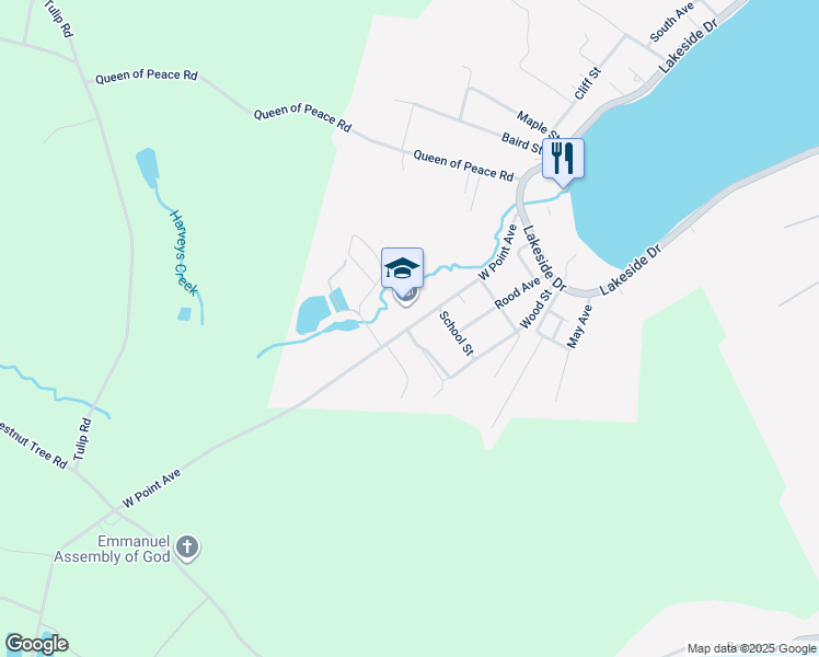 map of restaurants, bars, coffee shops, grocery stores, and more near West Point Avenue in Harveys Lake