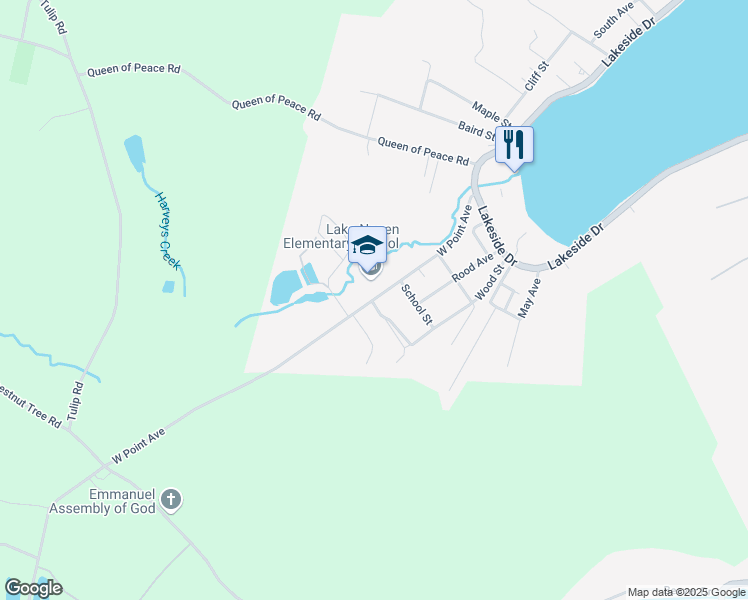 map of restaurants, bars, coffee shops, grocery stores, and more near West Point Avenue in Harveys Lake