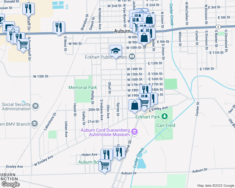 map of restaurants, bars, coffee shops, grocery stores, and more near 320 West 18th Street in Auburn