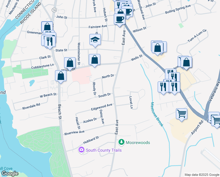map of restaurants, bars, coffee shops, grocery stores, and more near 73 East Avenue in Westerly