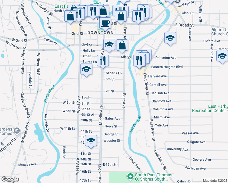 map of restaurants, bars, coffee shops, grocery stores, and more near 227 7th Street in Elyria