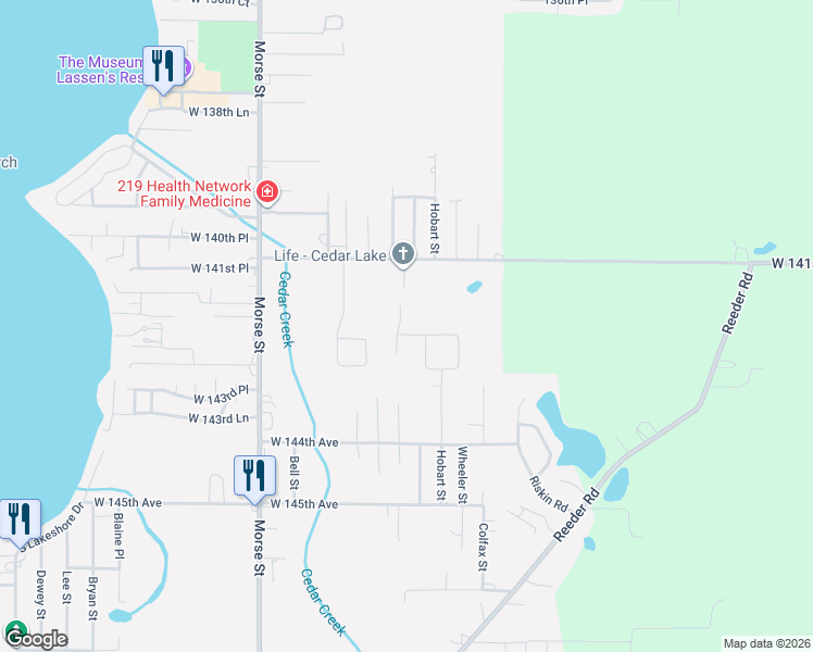 map of restaurants, bars, coffee shops, grocery stores, and more near 14207 Fairbanks Street in Cedar Lake
